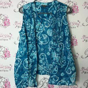 Denver Hayes Blue Sleeveless Blouse cardigan style with Floral Pattern